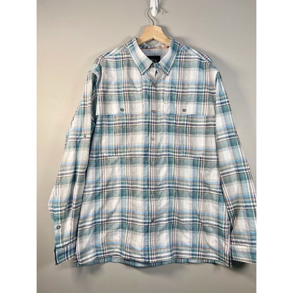 Orvis Shirt Mens L Blue White Plaid Fishing Outdoors Long Sleeve Roll Tab